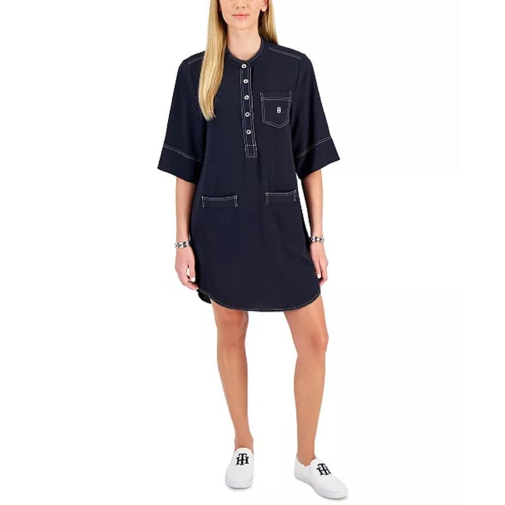 Tommy Hilfiger Button-Placket Popover Mini Dress size Large Navy Shift